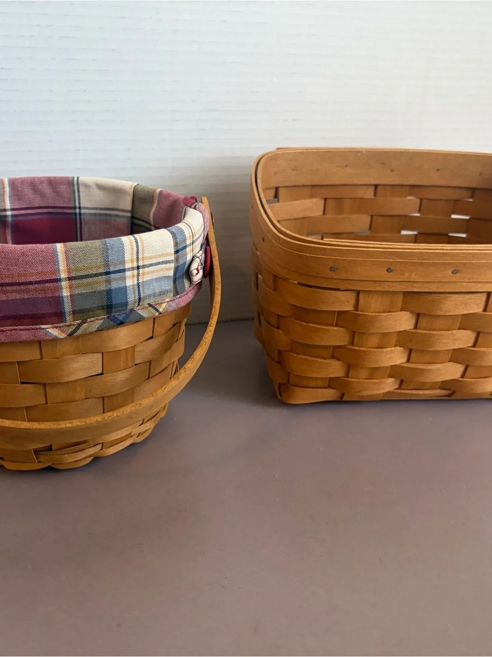 Longaberger Woven Basket Pair with Plaid Liner - Brown & Multicolor